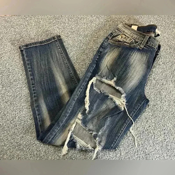 KanCan Women’s Jeans Size 25 Mid Rise Boyfriend Cropped Distressed Blue #1863 - Picture 7 of 9